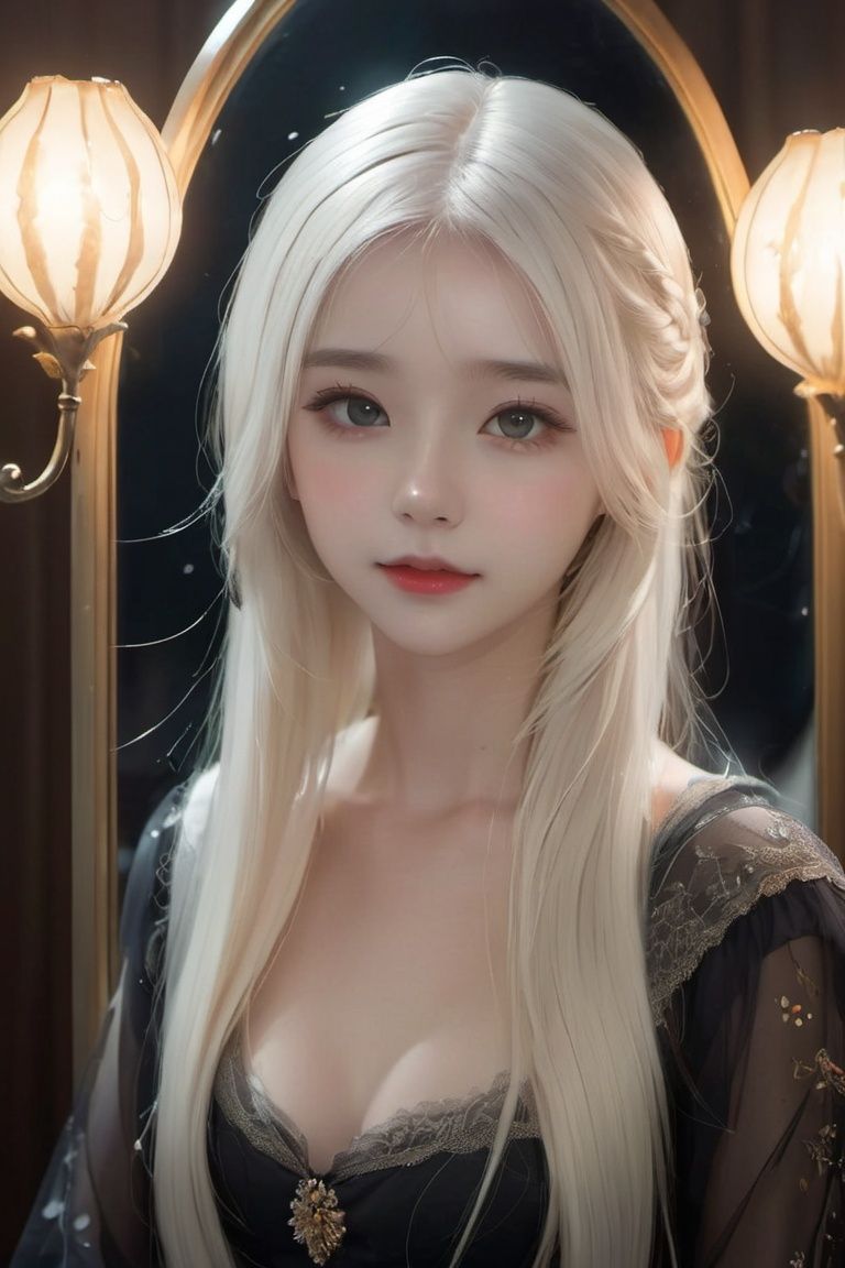 best quality,masterpiece,highres,cg,1girl,Photograph,high resolution,8k,mirror selfie,photo of a petite pretty 24 year-old woman with white long hair,anime art,dark,Gothic,Dingdall effect