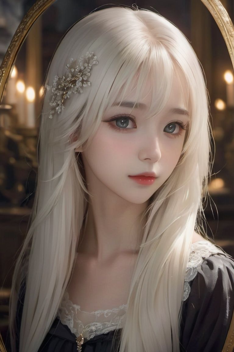 best quality,masterpiece,highres,cg,1girl,Photograph,high resolution,8k,mirror selfie,photo of a petite pretty 24 year-old woman with white long hair,anime art,dark,Gothic,Dingdall effect