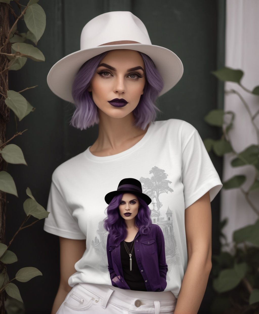 bella canvas 3001 black t-shirt mockup,  dark haunted decor and surroundings,  wearing white jeans on Tensor.Art