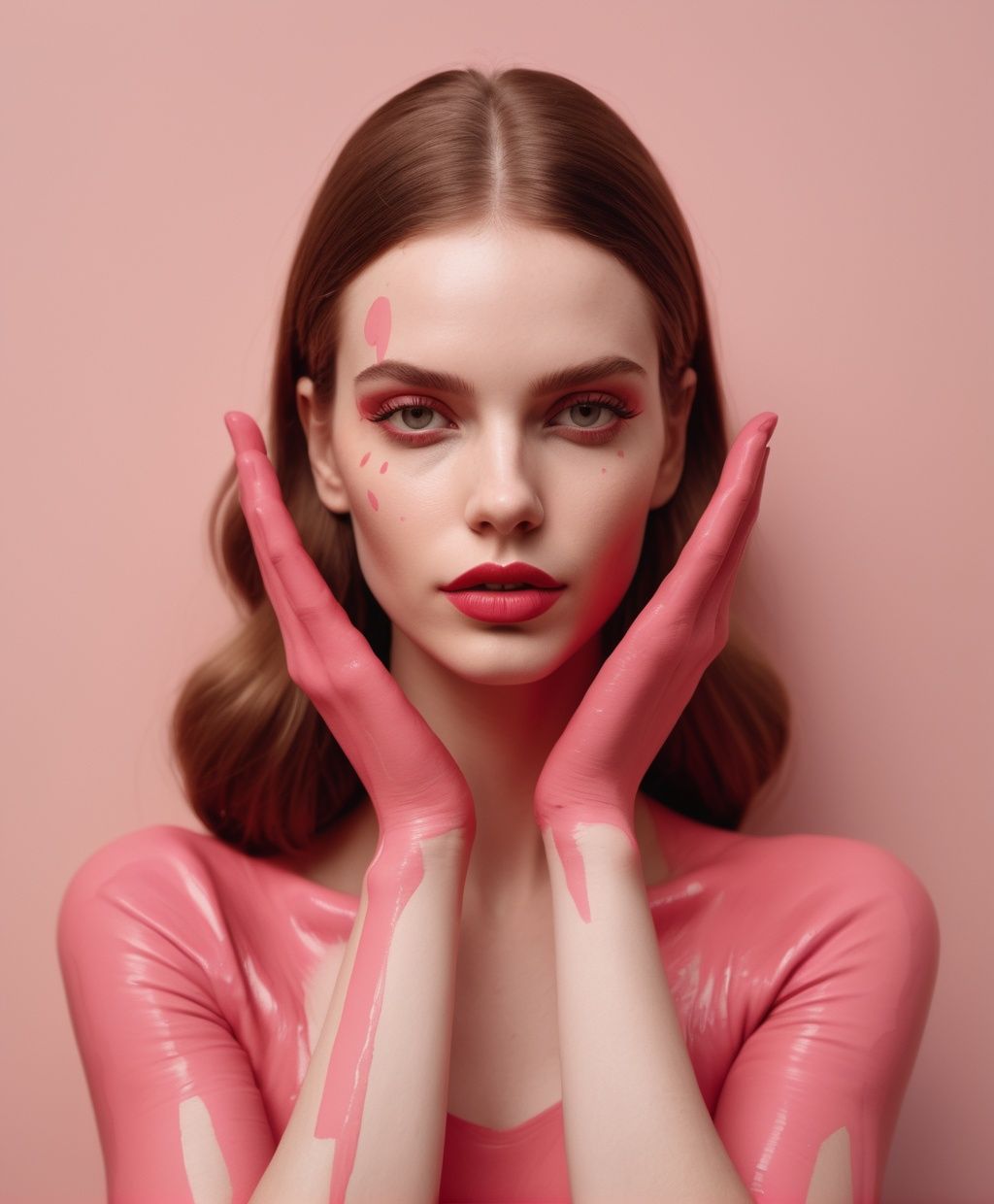 an illustration of a woman with pink painted hands,  in the style of wood,  lowbrow art on Tensor.Art