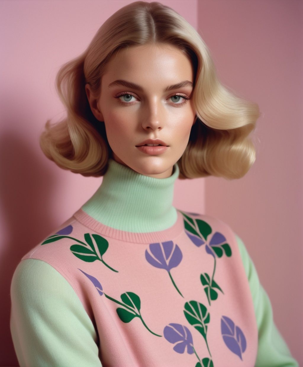 a Norwegian Gucci model in a photoshoot in 1975,  her retro jumper has a print of organic Henri Matisse’s leaf shapes,  sh...