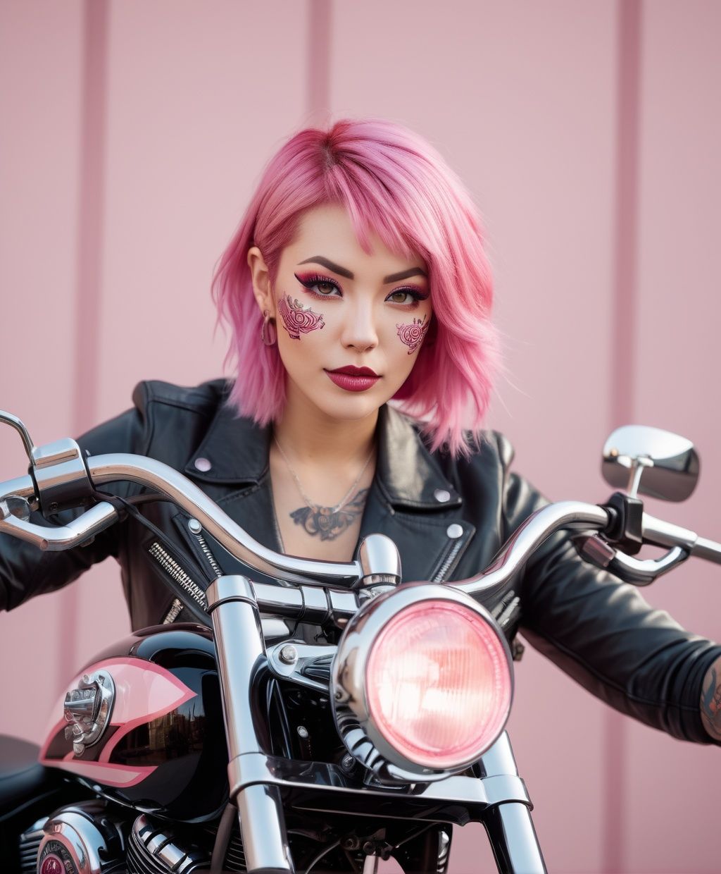 close up portrait,  A pink-haired woman wearing a Hannya mask riding a chopper-style pink Japanese-style Harley-Davidson,...