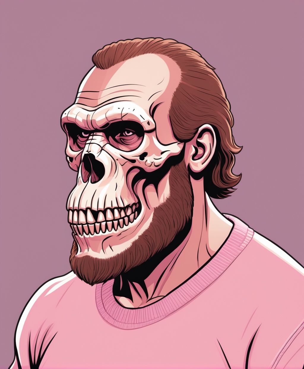 GTA-Style Digital illustration Graphic Novel Comic PFP Neanderthal-Ape skull character Wearing Pastel Pink jumper on Tenso...