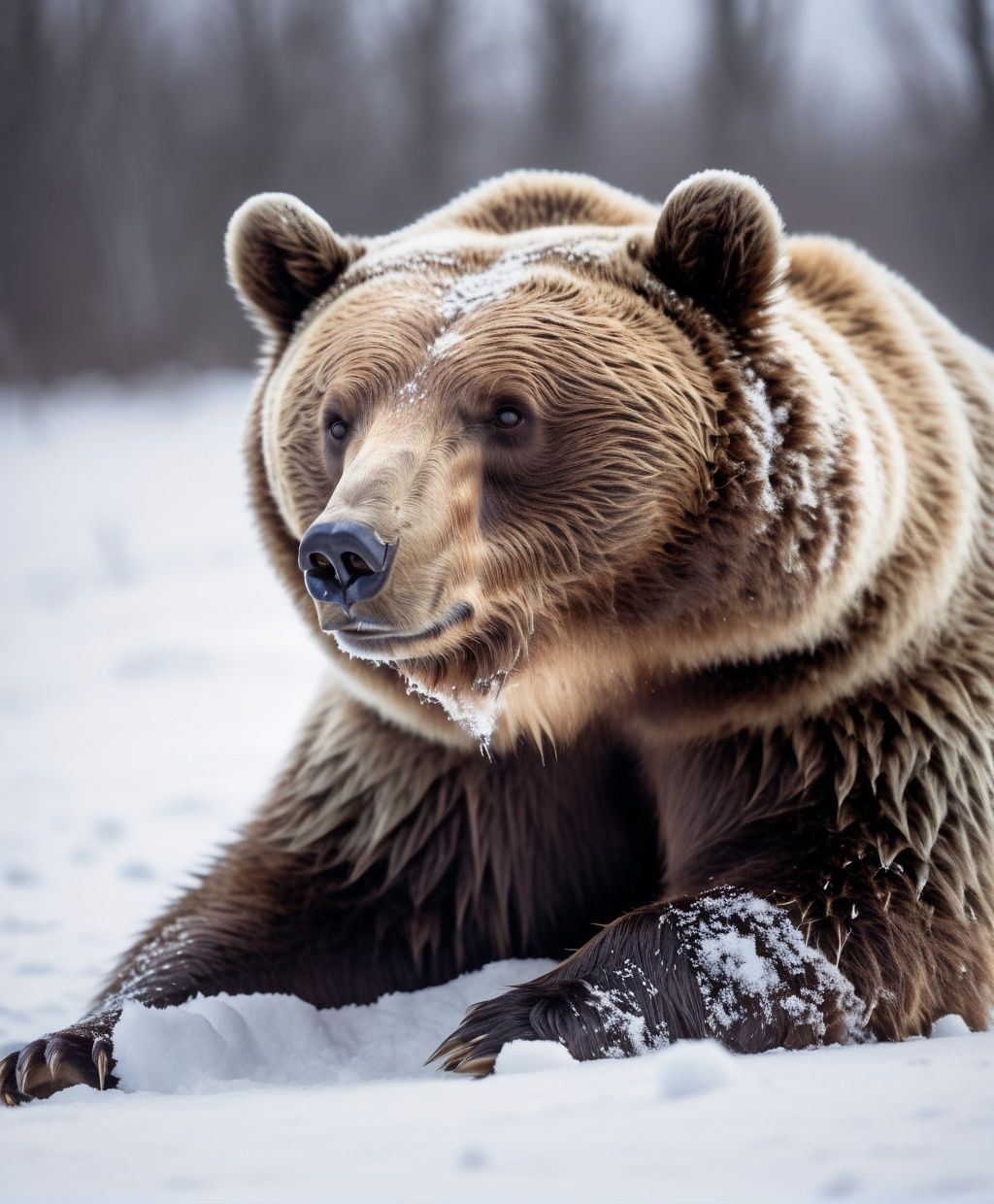 A hibernating bear is rolling in the snow,  Glowing radioactivity,  macro photography on Tensor.Art