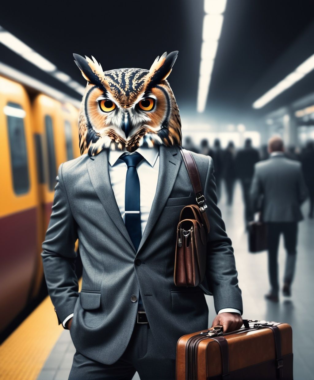 An owl wearing a suit and holding a briefcase is waiting for the subway at the subway station,  double exposure photograph...
