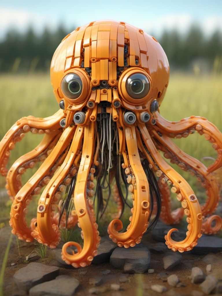 BJ_Lego bricks, Octopus, squid, solo, outdoors, day, blurry, no_humans, blurry_background, grass, robot, mecha, science_fiction, cable, non-humanoid_robot, machine,3D Model,8k,intricate,highly detailed,majestic,digital photography,broken glass,(masterpiece, sidelighting, finely detailed beautiful eyes:1.2),hdr,realistic,high definition,<lora:Lego_World_SDXL:0.7>,