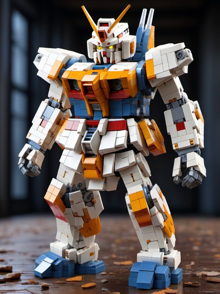 BJ_Lego bricks, gundam, solo, standing, orange_eyes, no_humans, robot, mecha, science_fiction, looking_ahead,3D Model ,8k,intricate,highly detailed,majestic,digital photography,broken glass,(masterpiece, sidelighting, finely detailed beautiful eyes:1.2),hdr,realistic,high definition,<lora:Lego_World_SDXL:0.7>