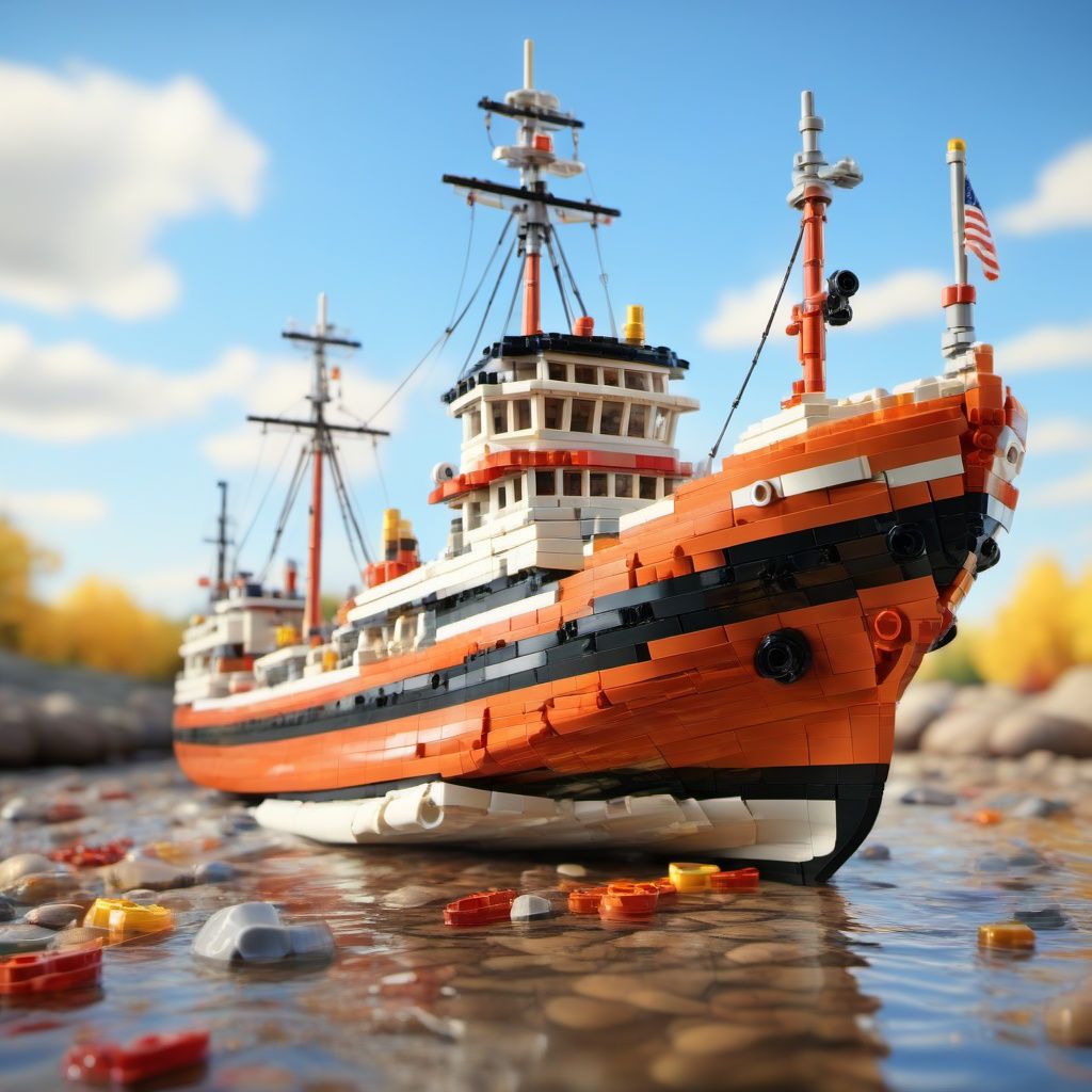 BJ_Lego bricks, outdoors, sky, day, water, blurry, no_humans, flag, watercraft, ship, boat,3D Model,8k,intricate,highly detailed,majestic,digital photography,broken glass,(masterpiece, sidelighting, finely detailed beautiful eyes:1.2),hdr,realistic,high definition,<lora:Lego_World_SDXL:0.7>,