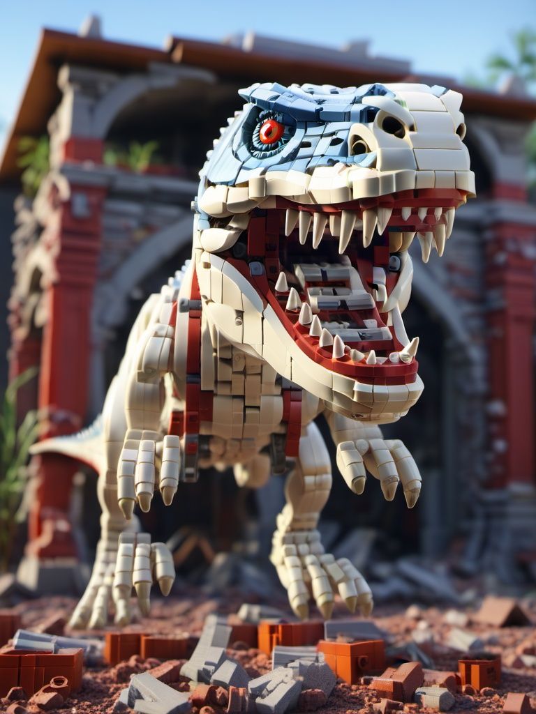 BJ_Lego bricks, T-rex, solo, open_mouth, red_eyes, teeth, blurry, no_humans, robot, sharp_teeth, building, mecha, science_fiction, monster,3D Model ,8k,intricate,highly detailed,majestic,digital photography,broken glass,(masterpiece, sidelighting, finely detailed beautiful eyes:1.2),hdr,realistic,high definition,<lora:Lego_World_SDXL:1>
