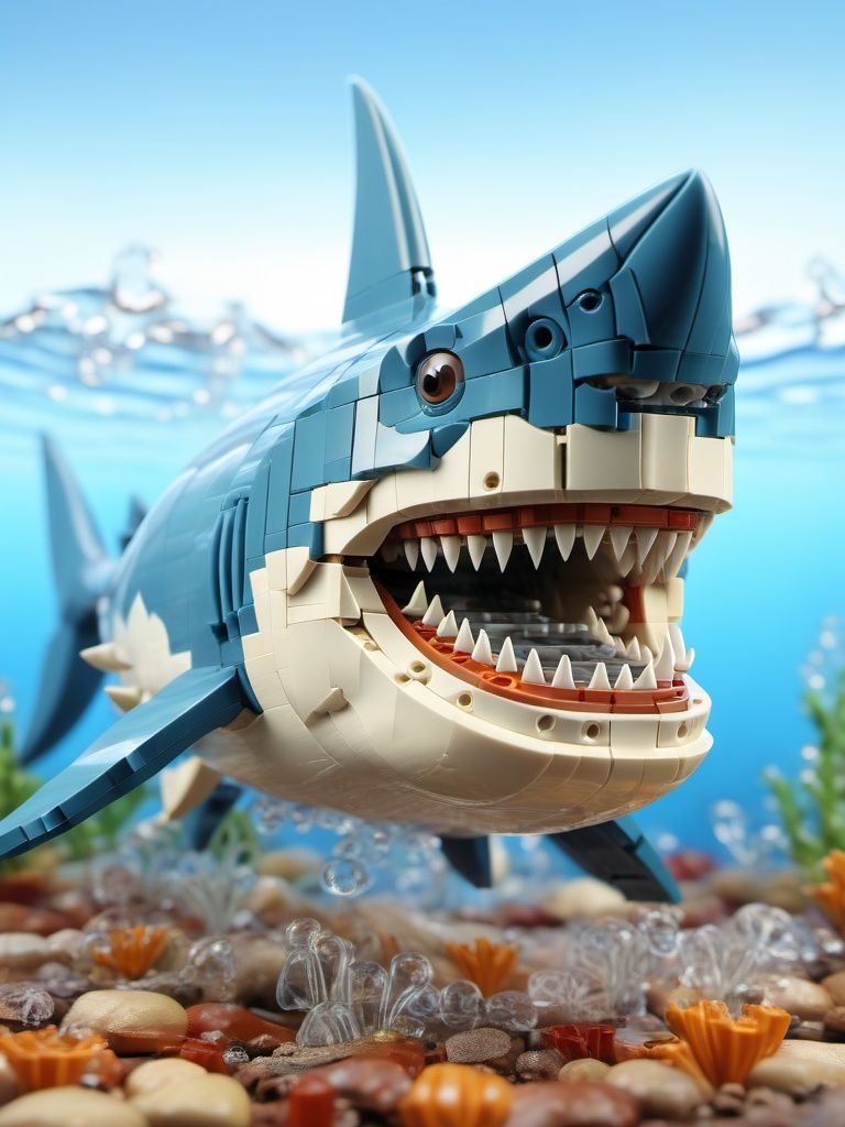BJ_Lego bricks, Shark, solo, open_mouth, teeth, water, pokemon_\(creature\), no_humans, sharp_teeth, fish, bubble, shark,3D Model,8k,intricate,highly detailed,majestic,digital photography,broken glass,(masterpiece, sidelighting, finely detailed beautiful eyes:1.2),hdr,realistic,high definition,<lora:Lego_World_SDXL:0.7>,