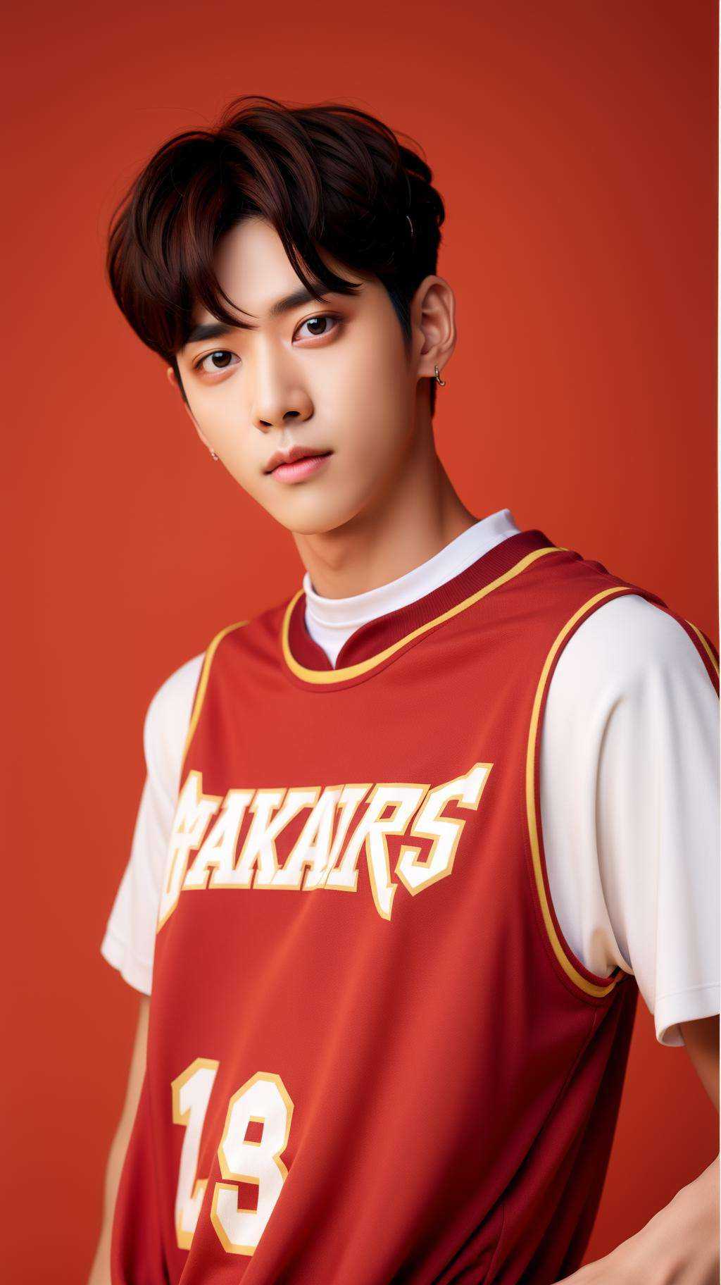 1boy,red background,<lora:卡努:0.9>,basketball clothes,