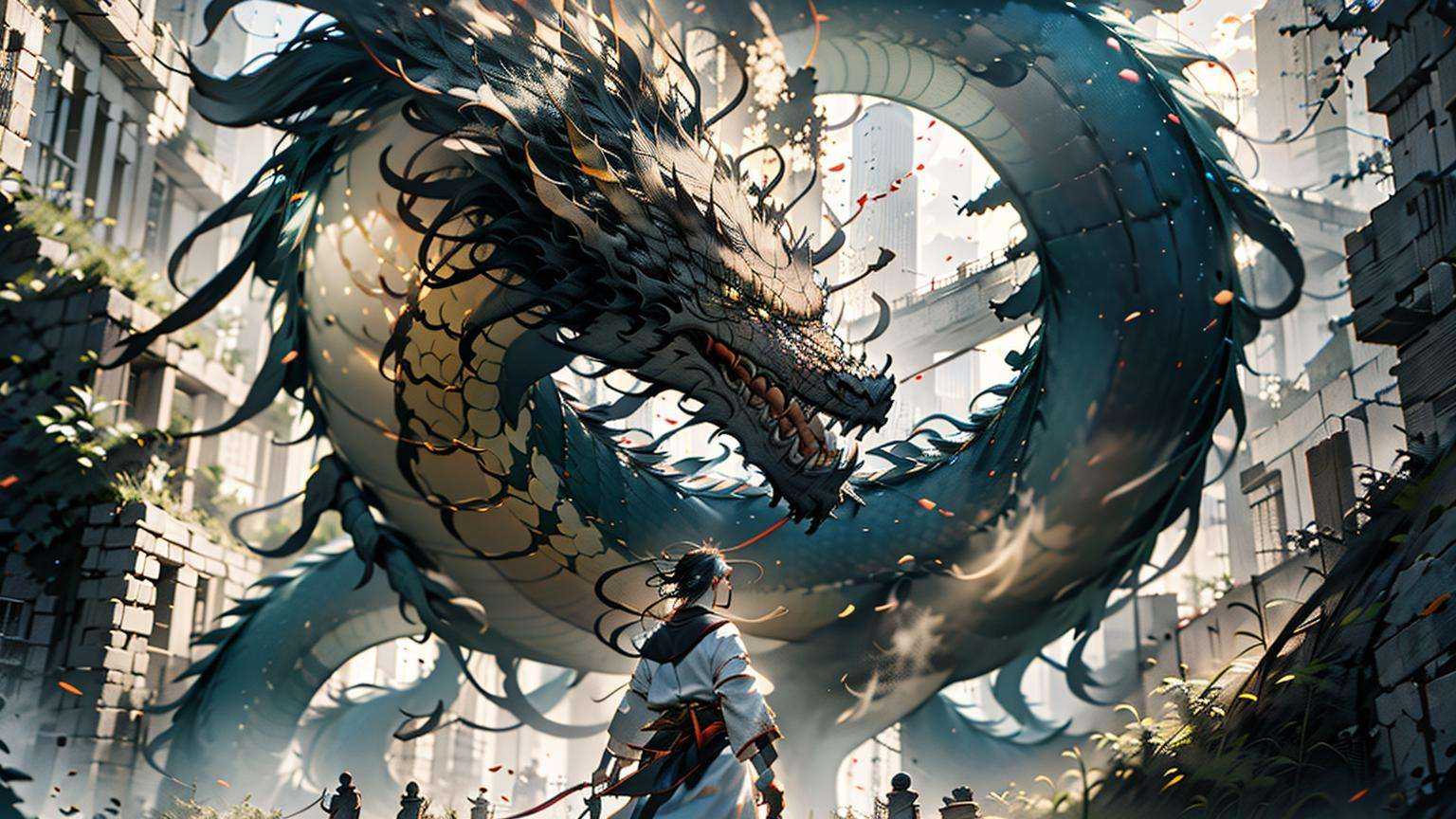 1 man,  (a dragon) ,  Long Shot on Tensor.Art