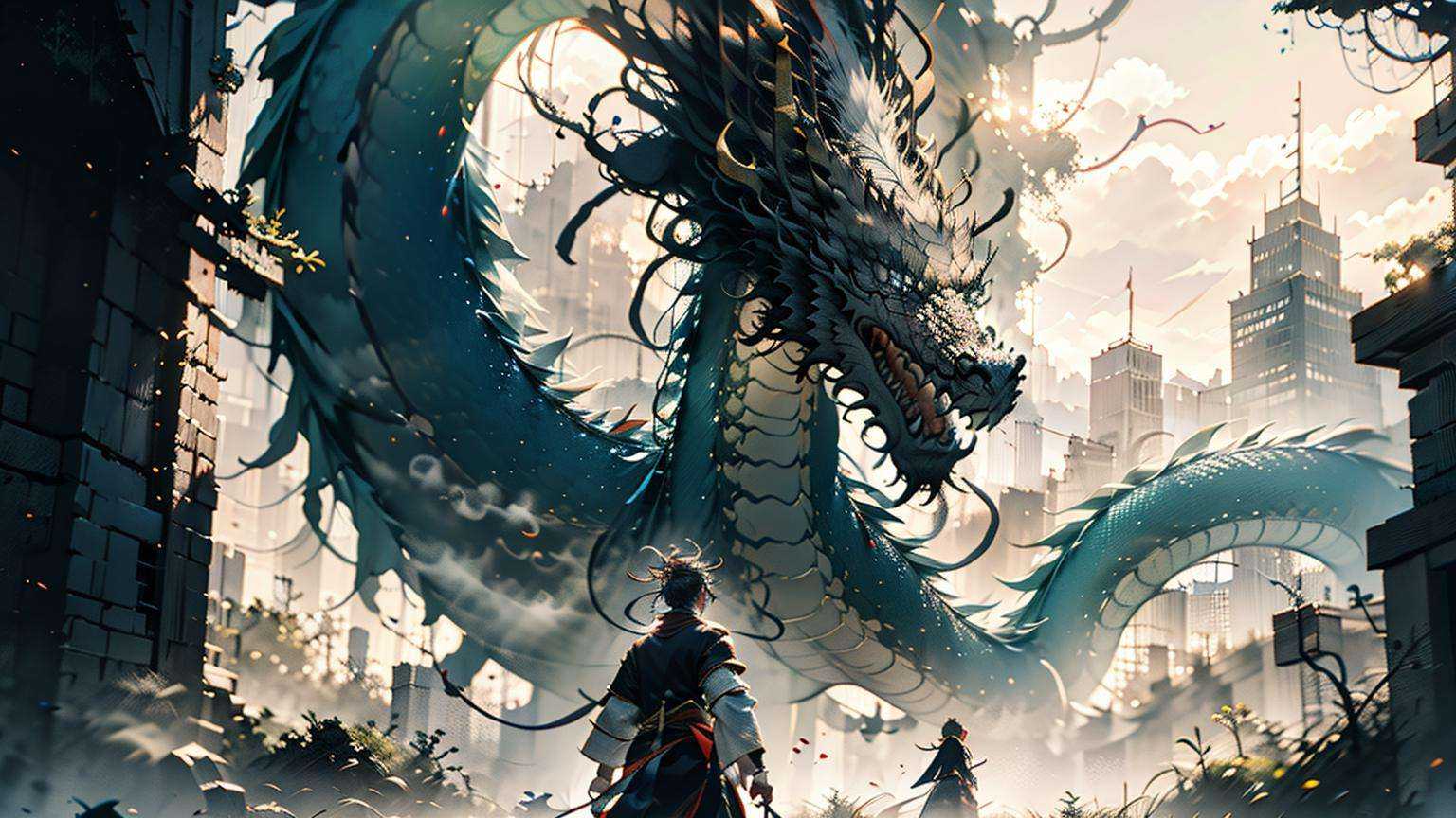 1 man,  (a dragon) ,  Long Shot on Tensor.Art