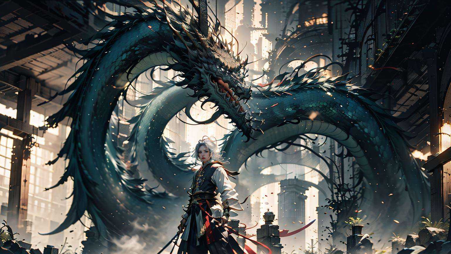 1 man,  (a dragon) ,  Long Shot on Tensor.Art