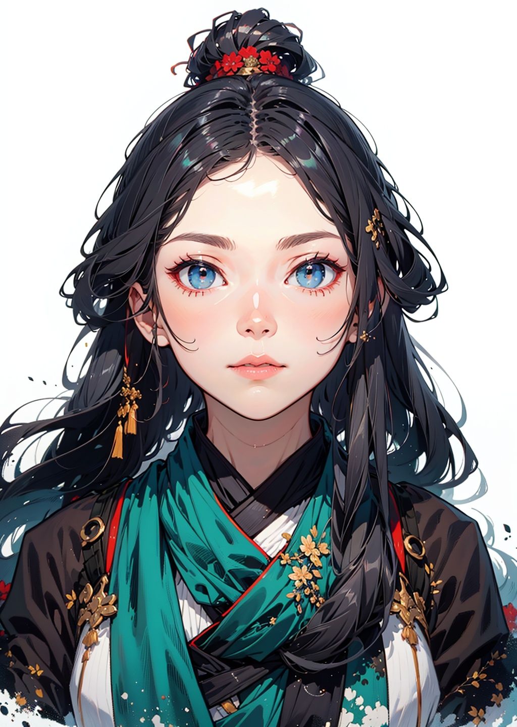 (masterpiece:1.3), (the best quality:1.2), (super fine illustrations:1.2), (Masterpiece), high quality, high detail,((white background:1.2)), looking at viewer, (SOLO:1.4),outline,,simple background,  fu hua, fu hua/fushengxianren, grey_hair, blue_eyes, hair_ornament, centre parting bangs, ponytail, taoist robes, chinese_clothes
,fu hua/fushengxianren