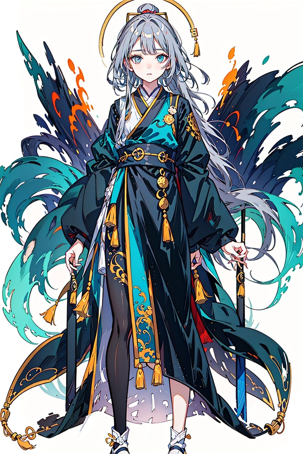  (masterpiece:1.3), (the best quality:1.2), (super fine illustrations:1.2), (Masterpiece), high quality, high detail,((white background:1.2)), looking at viewer, (SOLO:1.4),outline,,simple background, fu hua, fu hua/fushengxianren, grey_hair, blue_eyes, hair_ornament, centre parting bangs, ponytail, taoist robes, chinese_clothes
,fu hua/fushengxianren