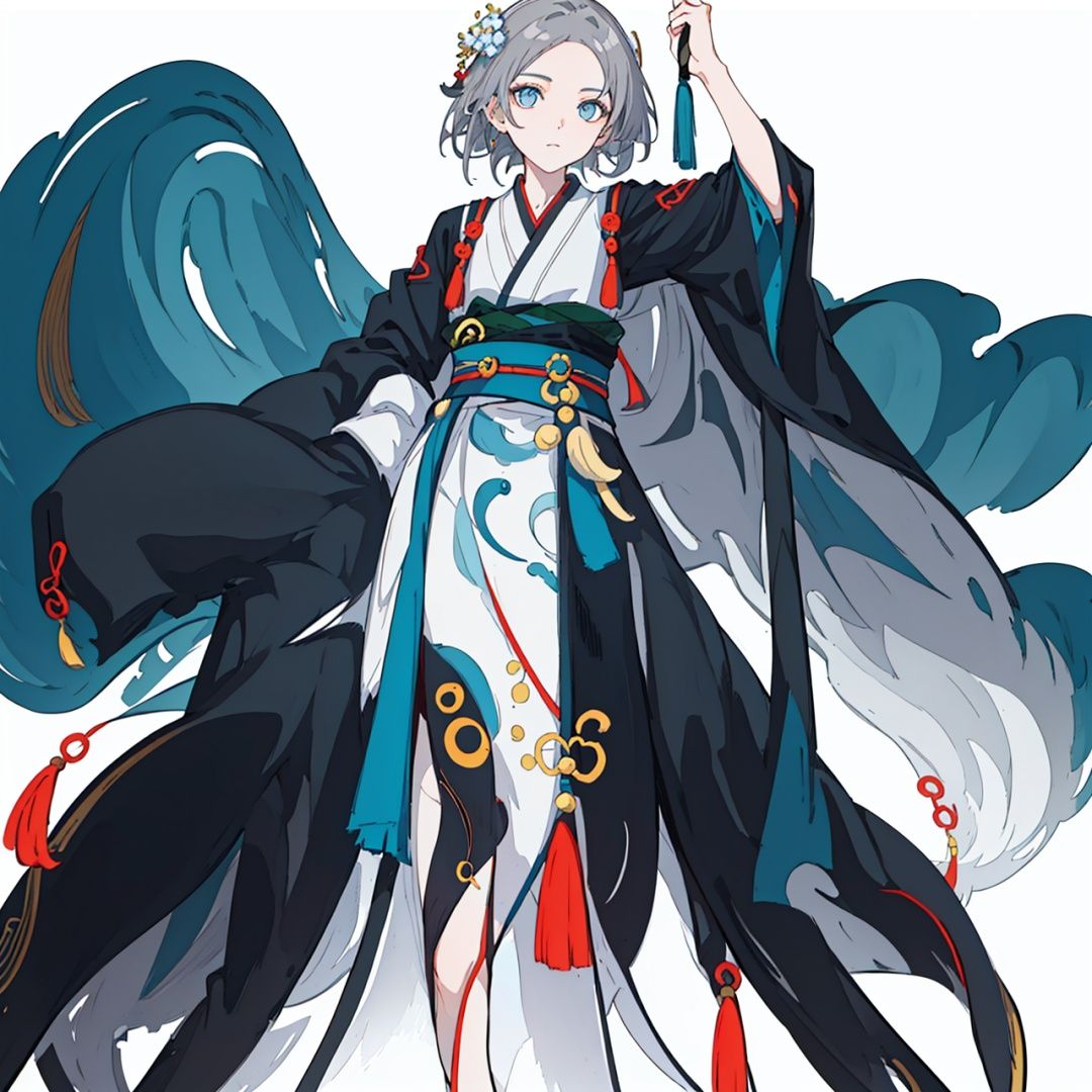 (masterpiece:1.3), (the best quality:1.2), (super fine illustrations:1.2), (Masterpiece), high quality, high detail,((white background:1.2)), looking at viewer, (SOLO:1.4),outline,,simple background, fu hua, fu hua/fushengxianren, grey_hair, blue_eyes, hair_ornament, centre parting bangs, ponytail, taoist robes, chinese_clothes