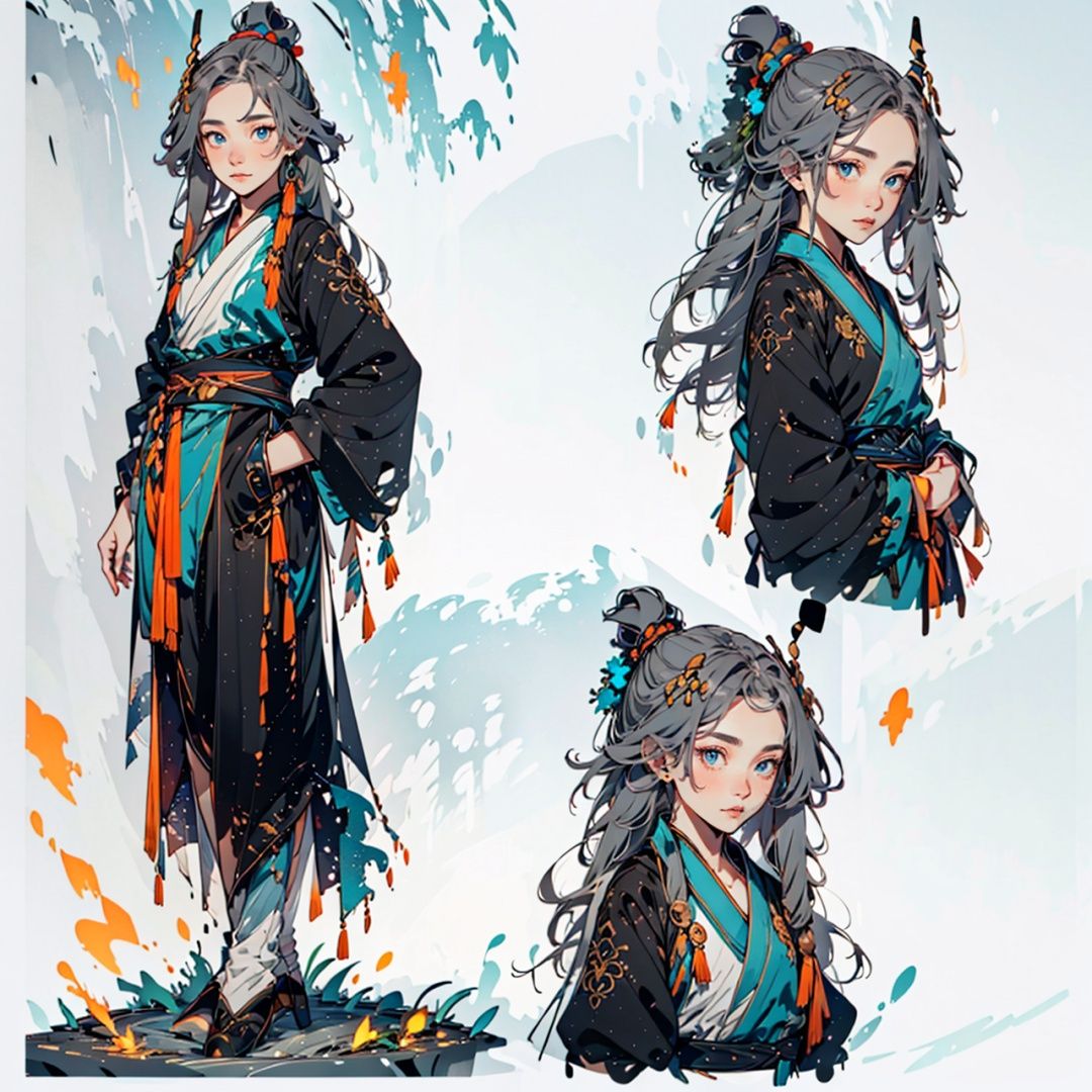  ((grey_hair, blue_eyes, hair_ornament, centre parting bangs, )),(full_body(front_view, back_view),uper_body(front_view, left_view, right_view)),(((white background, simple background:1.2))),(dynamic_pose:1.2),(CharacterSheet:1.2),ku hua, fu hua/fushengxianren, grey_hair, blue_eyes, hair_ornament, centre parting bangs, ponytail, taoist robes, chinese_clothes,fu hua/fushengxianren