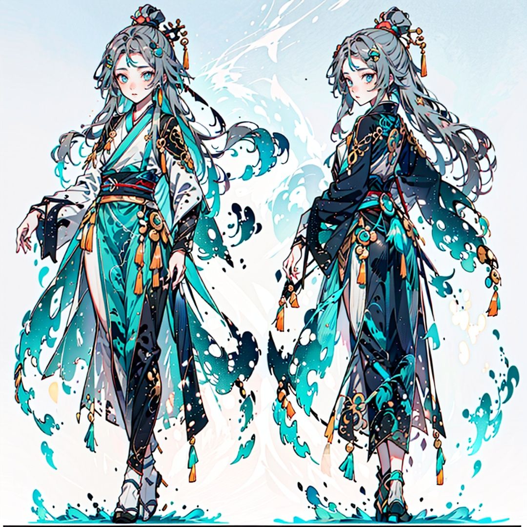  ((grey_hair, blue_eyes, hair_ornament, centre parting bangs, )),(full_body(front_view, back_view),uper_body(front_view, left_view, right_view)),(((white background, simple background:1.2))),(dynamic_pose:1.2),(CharacterSheet:1.2),ku hua, fu hua/fushengxianren, grey_hair, blue_eyes, hair_ornament, centre parting bangs, ponytail, taoist robes, chinese_clothes,fu hua/fushengxianren