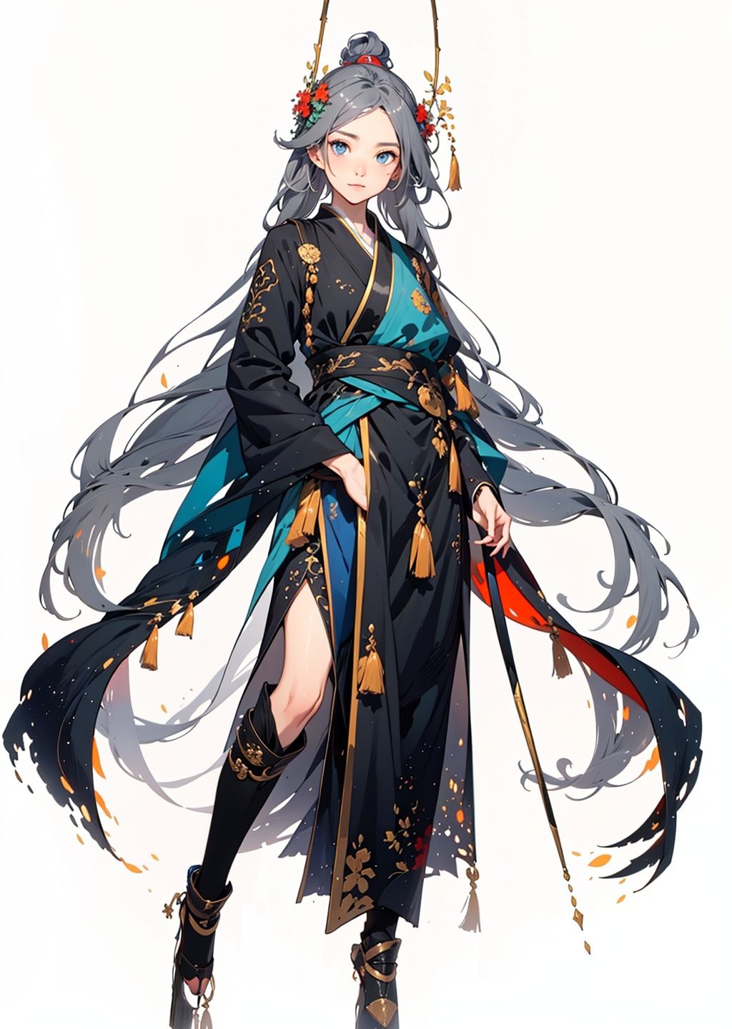 (masterpiece:1.3), (the best quality:1.2), (super fine illustrations:1.2), (Masterpiece), high quality, high detail,((white background:1.2)), looking at viewer, (SOLO:1.4),outline,,simple background,  fu hua, fu hua/fushengxianren, grey_hair, blue_eyes, hair_ornament, centre parting bangs, ponytail, taoist robes, chinese_clothes
,fu hua/fushengxianren
