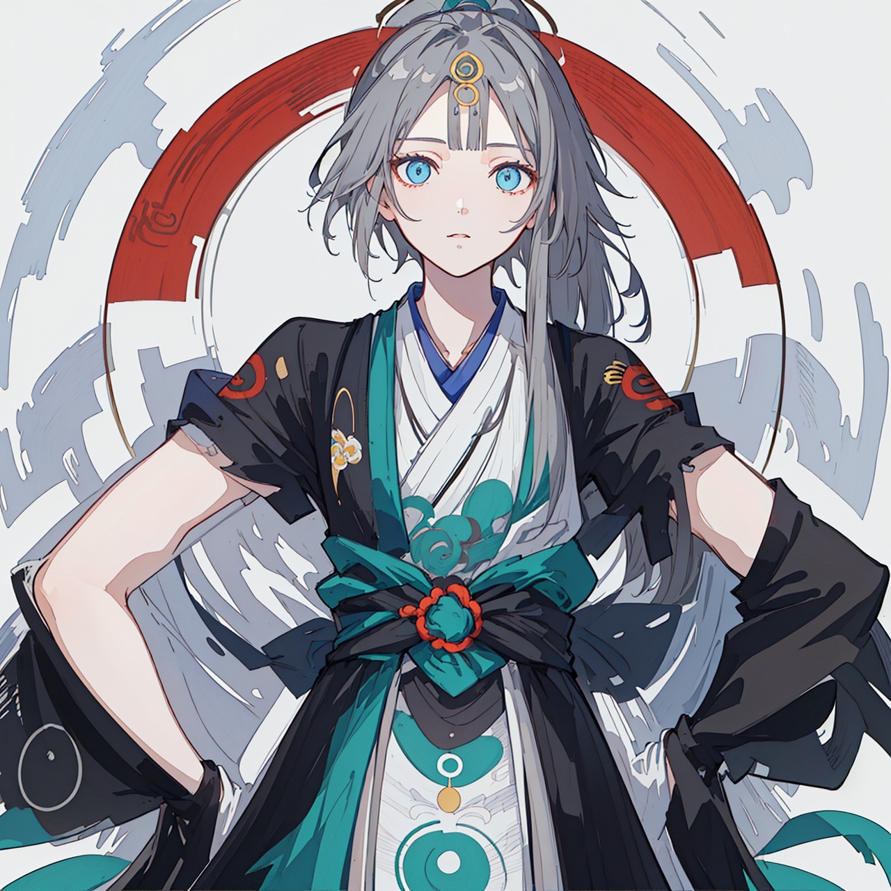  (masterpiece:1.3), (the best quality:1.2), (super fine illustrations:1.2), (Masterpiece), high quality, high detail,((white background:1.2)), looking at viewer, (SOLO:1.4),outline,,simple background, fu hua, fu hua/fushengxianren, grey_hair, blue_eyes, hair_ornament, centre parting bangs, ponytail, taoist robes, chinese_clothes