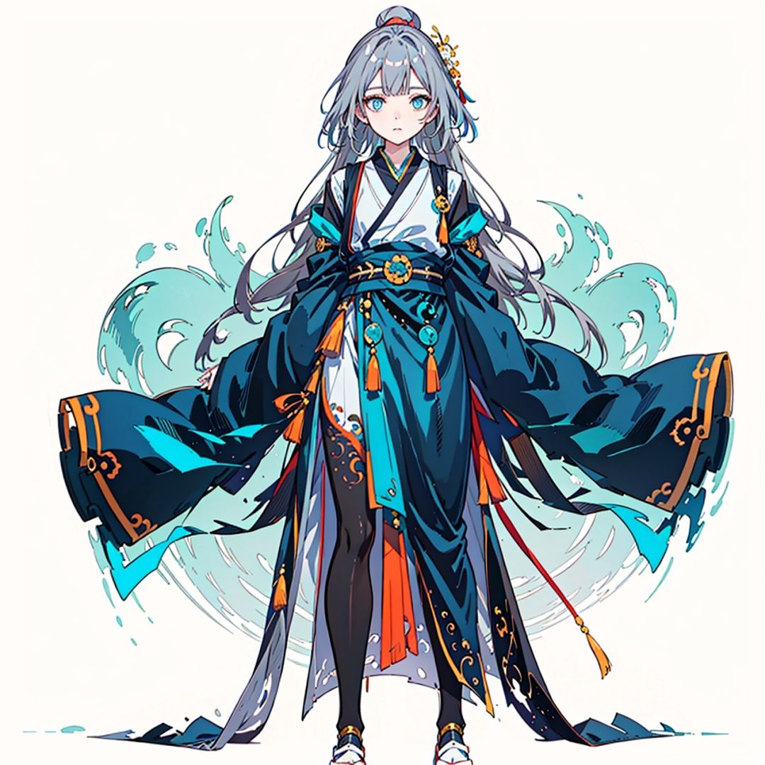  (masterpiece:1.3), (the best quality:1.2), (super fine illustrations:1.2), (Masterpiece), high quality, high detail,((white background:1.2)), looking at viewer, (SOLO:1.4),outline,,simple background, fu hua, fu hua/fushengxianren, grey_hair, blue_eyes, hair_ornament, centre parting bangs, ponytail, taoist robes, chinese_clothes