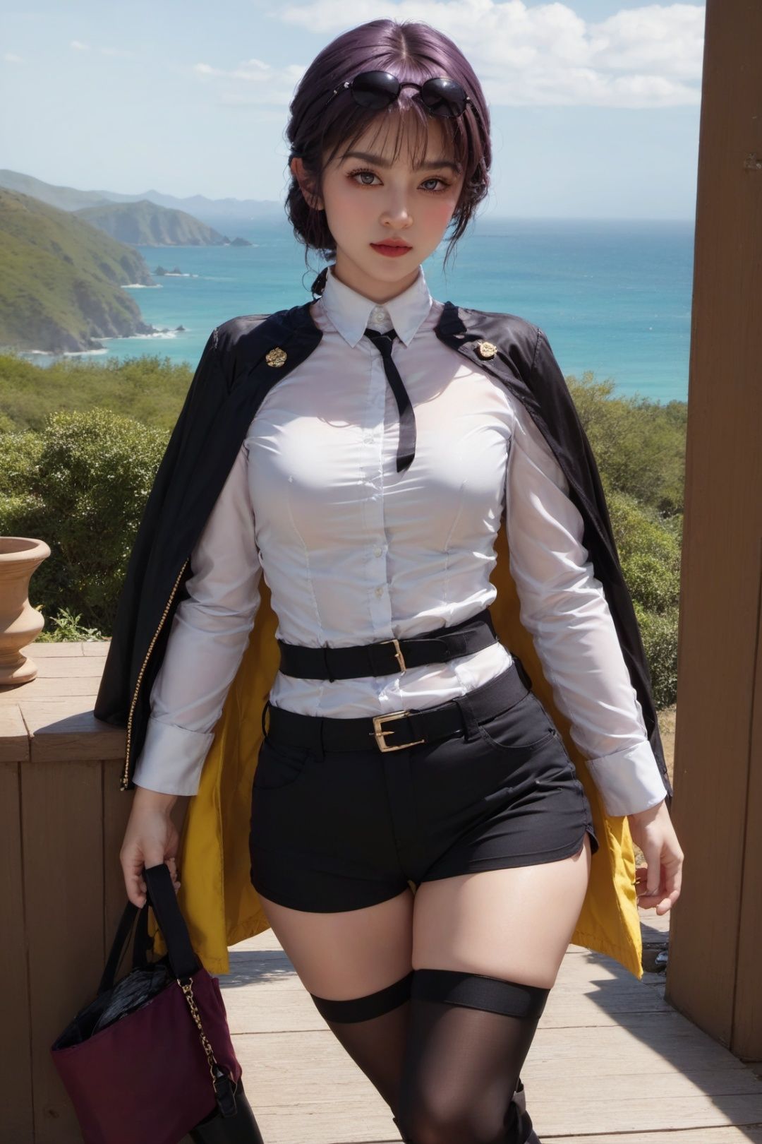 1girl, solo, long hair, breasts, looking at viewer, bangs, shirt, black hair, thighhighs, brown eyes, medium breasts, jacket, white shirt, braid, short sleeves, cowboy shot, outdoors, parted lips, shorts, collared shirt, belt, black thighhighs, blurry, arm up, lips, short shorts, blurry background, black shorts, sunglasses, eyewear on head, jacket on shoulders, shirt tucked in, kafka