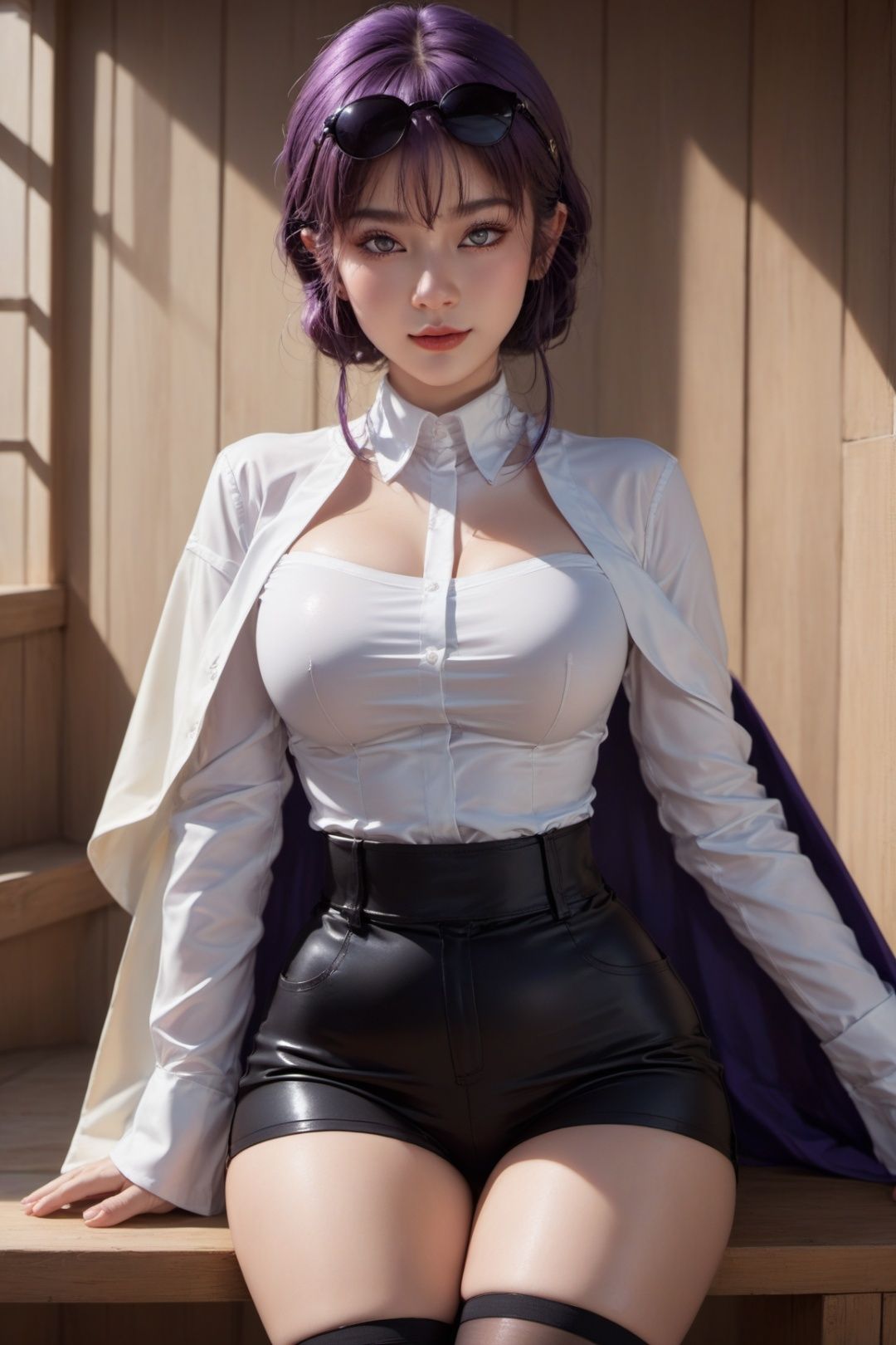 1girl, solo, looking at viewer, light smile, large breasts, purple eyes, sunglasses, upper body, eyewear on head, white shirt, black jacket, kafka,