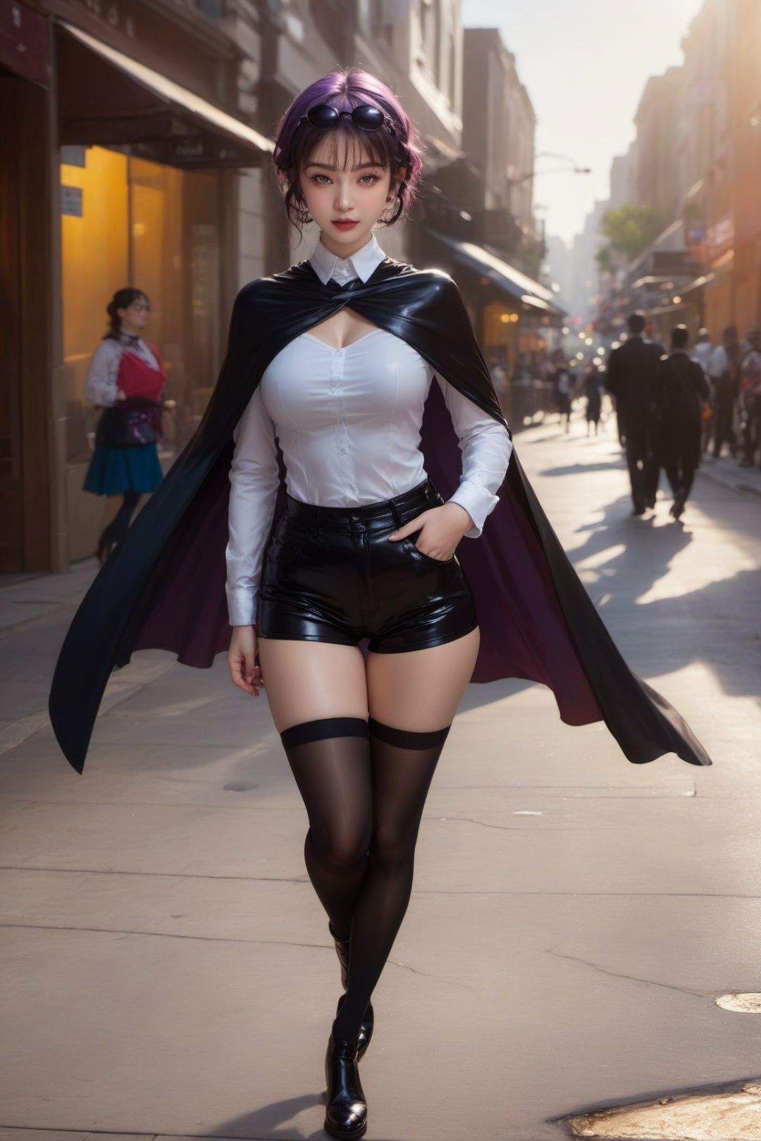  1girl, solo, looking at viewer, light smile, medium breasts, purple eyes, sunglasses, upper body, eyewear on head, white shirt, (black cape:1.3) , kafka, pantyhose, black shorts, walking on street