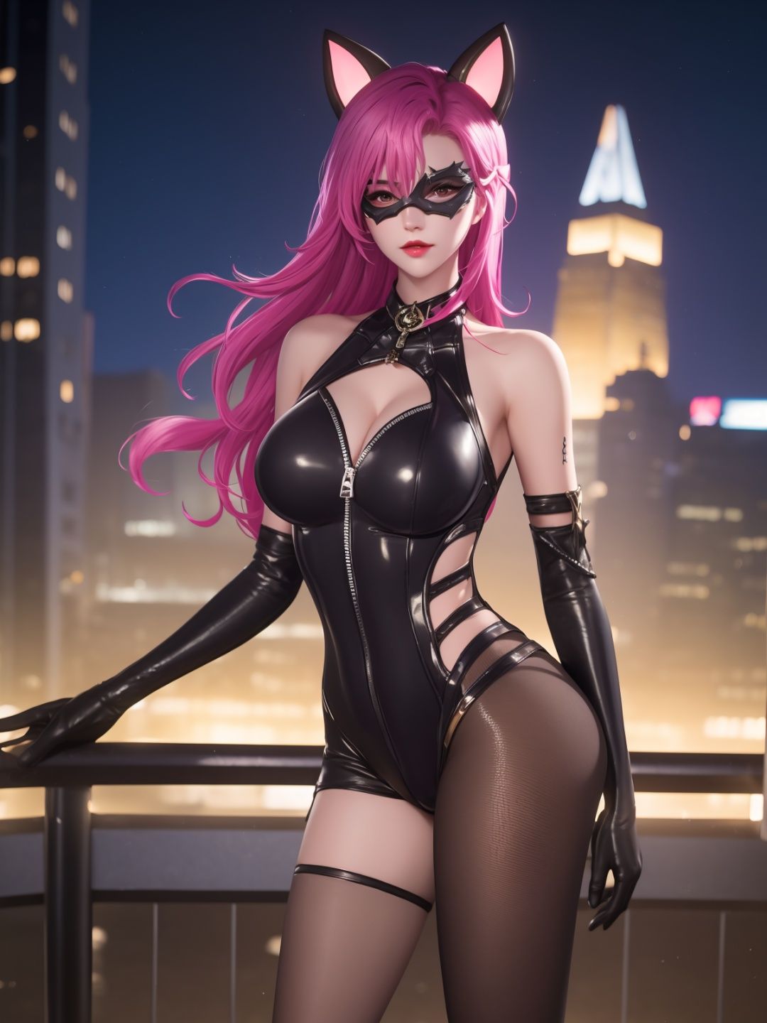 WZRYakeAYMN,1girl,long hair, mask, pink hair, elbow gloves,  looking at viewer, bodysuit, makeup, bare shoulders, fake animal ears, clothing cutout, cityscape, night, mature female,<lora:WZRYakeAYMN:0.75>,pantyhose,standing, 