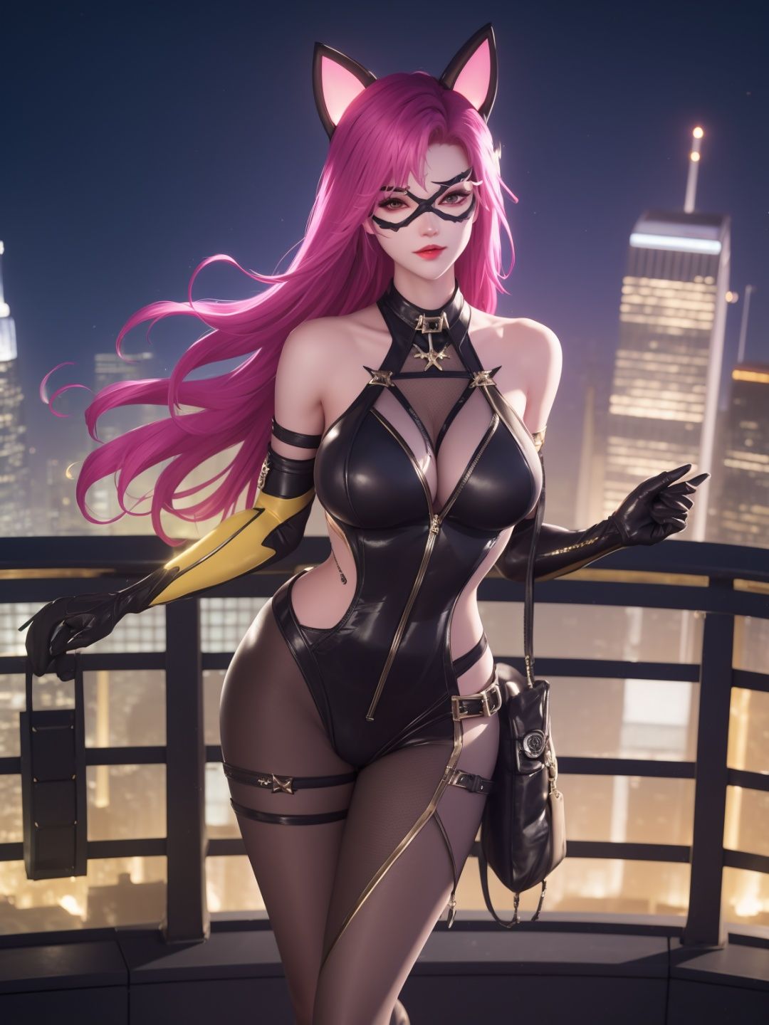 WZRYakeAYMN,1girl,long hair, mask, pink hair, elbow gloves,  looking at viewer, bodysuit, makeup, bare shoulders, fake animal ears, clothing cutout, cityscape, night, mature female,<lora:WZRYakeAYMN:0.75>,pantyhose,standing, 
