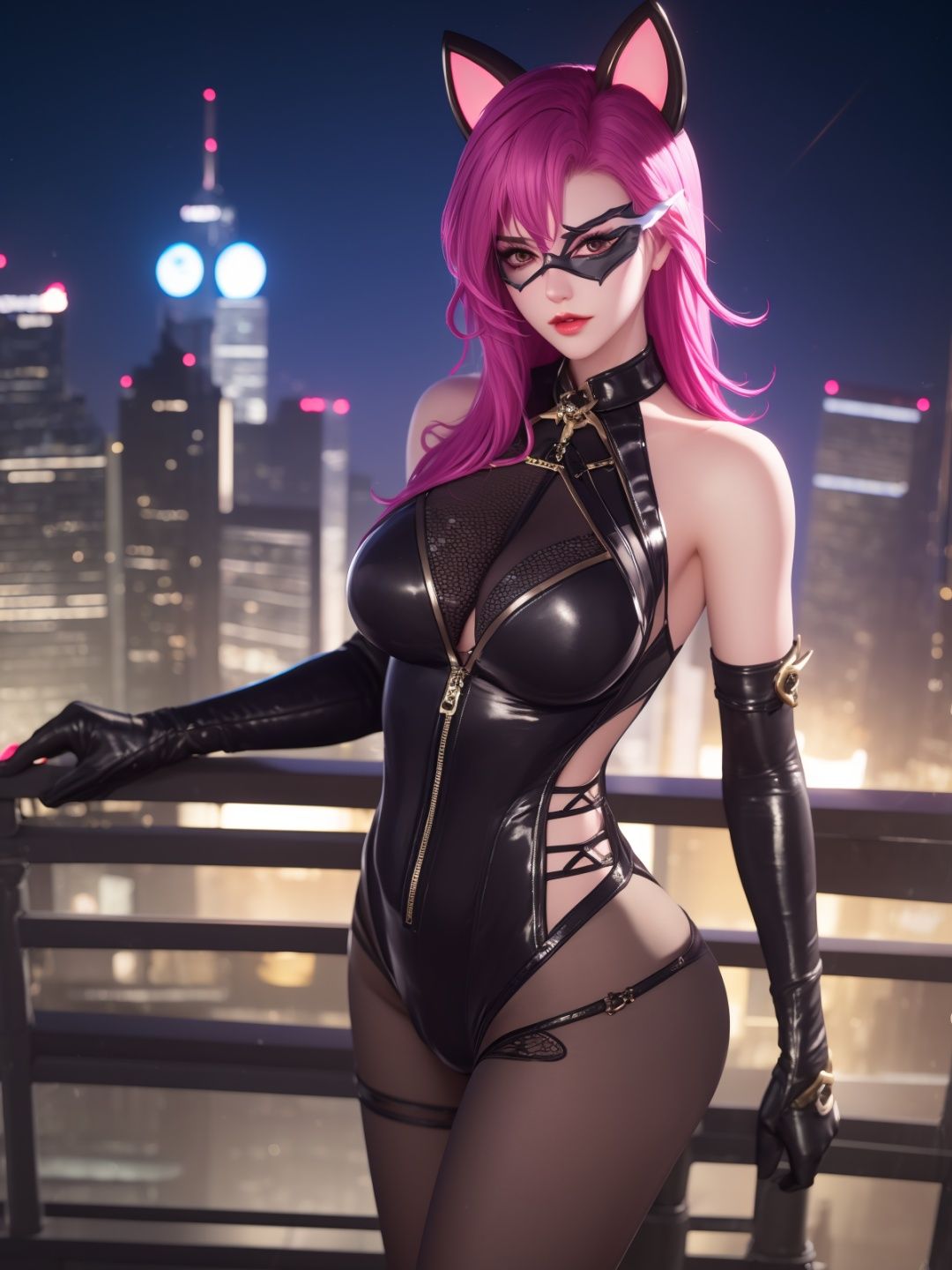 WZRYakeAYMN,1girl,long hair, mask, pink hair, elbow gloves,  looking at viewer, bodysuit, makeup, bare shoulders, fake animal ears, clothing cutout, cityscape, night, mature female,<lora:WZRYakeAYMN:0.75>,pantyhose,standing, 