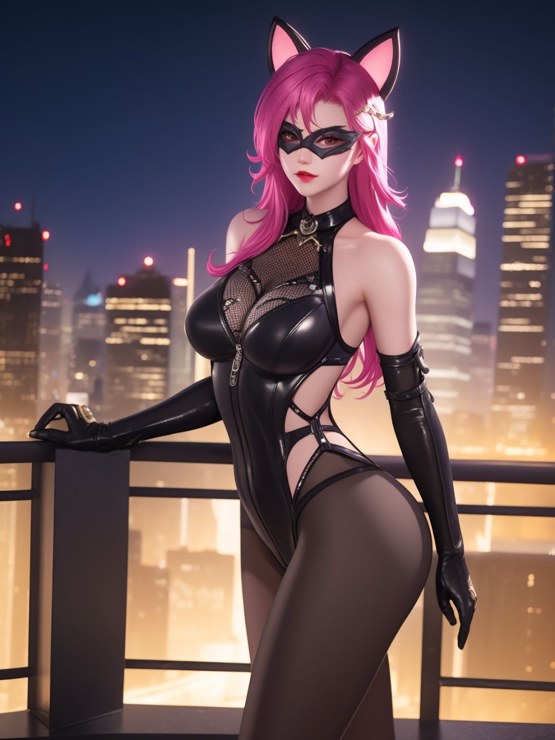 WZRYakeAYMN,1girl,long hair, mask, pink hair, elbow gloves,  looking at viewer, bodysuit, makeup, bare shoulders, fake animal ears, clothing cutout, cityscape, night, mature female,<lora:WZRYakeAYMN:0.75>,pantyhose,standing, 