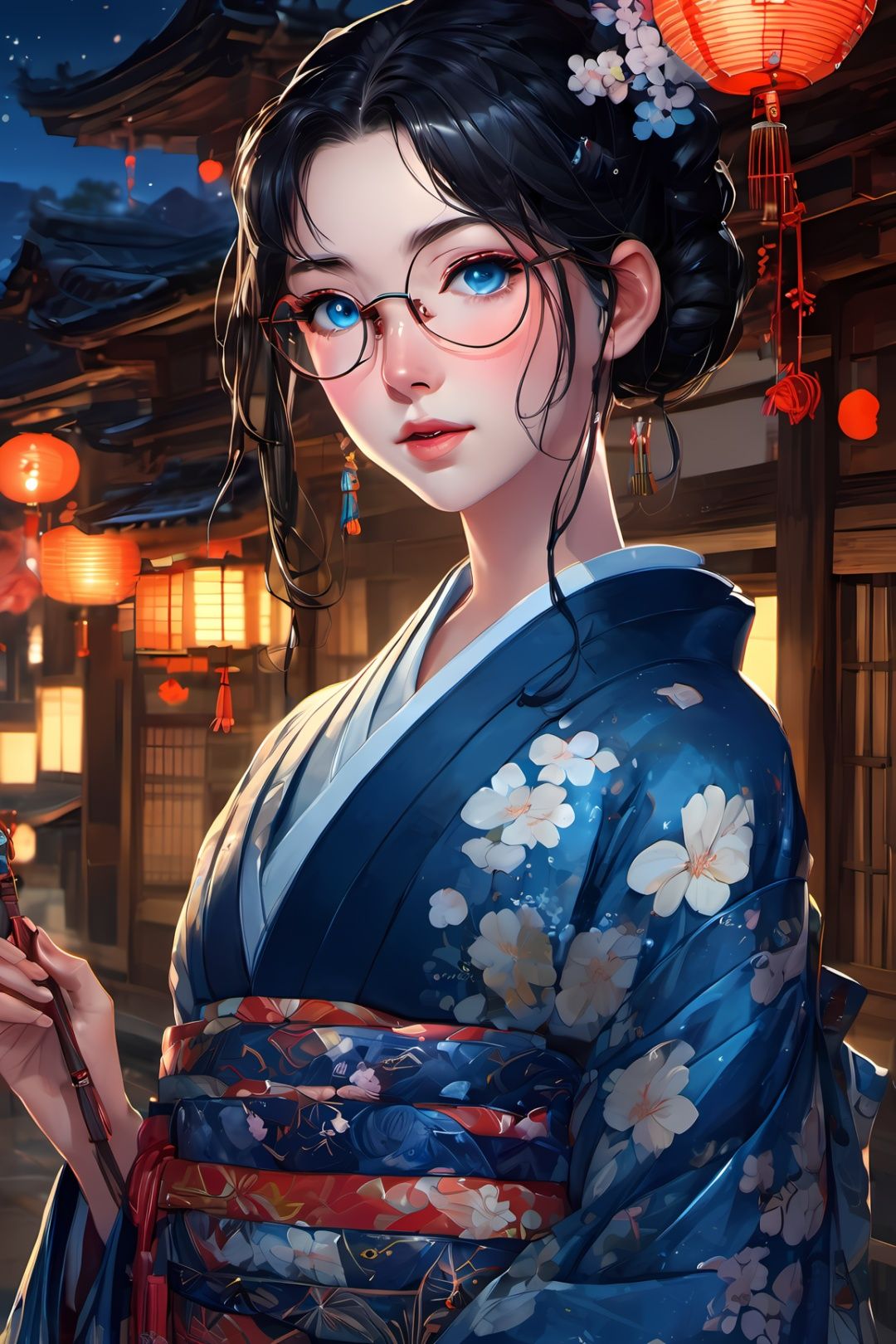 1girl, miyo, (old Japanese background at night), 1 girl, long black hair, (french braid:1.1), (blue eyes, sparkling eyes), (round eyeglasses:1.1), boobs, (kimono, obi), ((portrait), (looking at viewer)), , , , , 