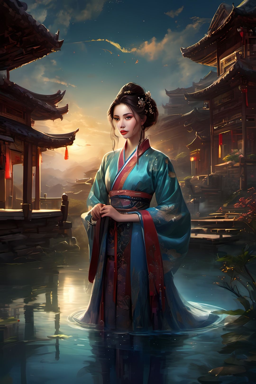 masterpiece, best quality, ultra-detailed, 1girl, cyon hair and pretty colour mix eyes, beautiful detailed eyes, detailed wet clothes, floating, beautiful detailed dusk, on beautiful detailed water, dynamic angle, overexposure, illustration, more_details:-1, more_details:0, more_details:0.5, more_details:1, more_details:1.5, STARRYSTRRY LIGHTNIGHTCOLORFULCLOUDSTAR \(SKY\), , hanfu, east asian architecture, , , , ,dfdd