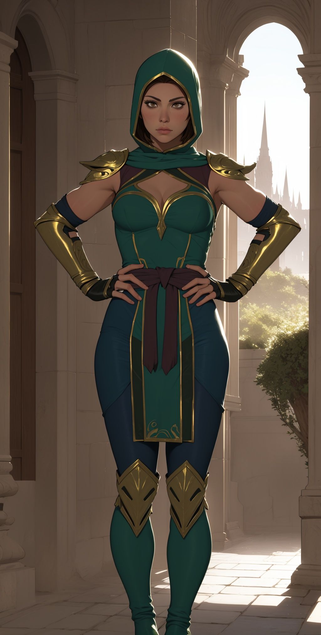 Jade,  hood down,  brown eyes on Tensor.Art