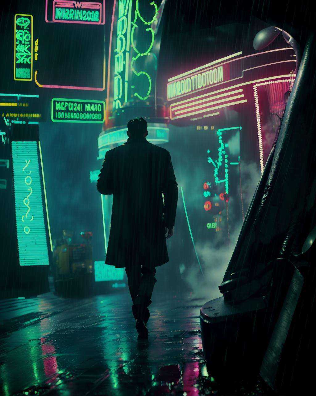 movie screencap of a a man under rain in front of a neon sign from Blade Runner 1982,  award winning photography,  high de...