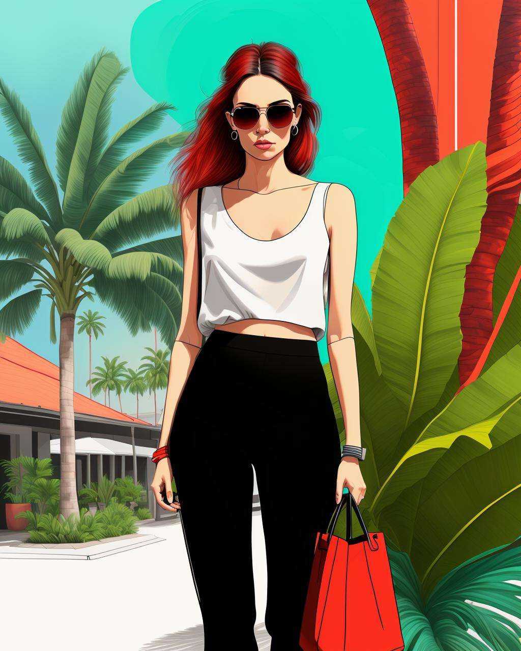 a woman in red pants and a white top with a black handbag and sunglasses on her head and a palm tree in the background,  D...