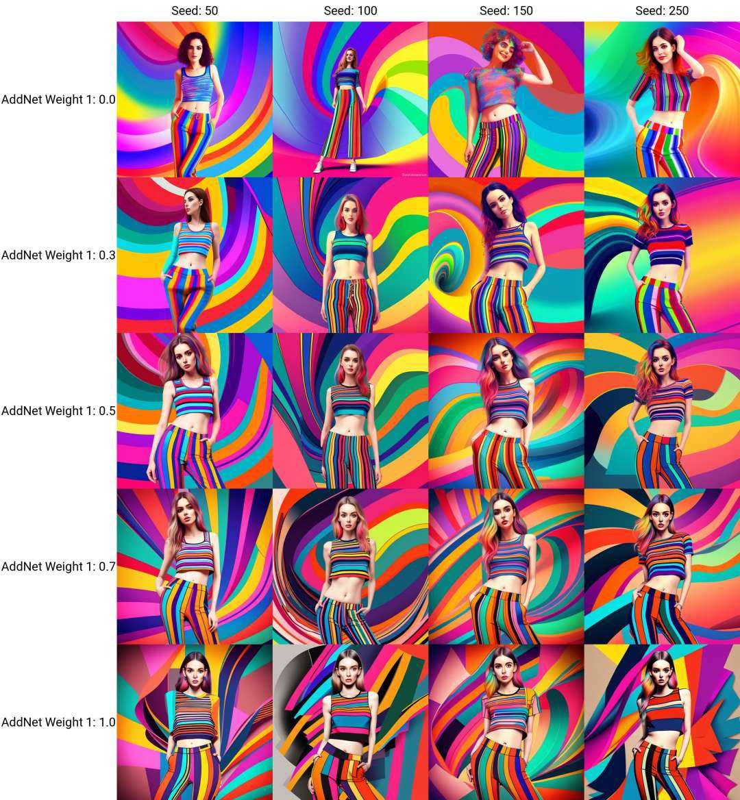 a woman in a colorful top and striped pants posing for a picture with a colorful background behind her and a colorful wave...