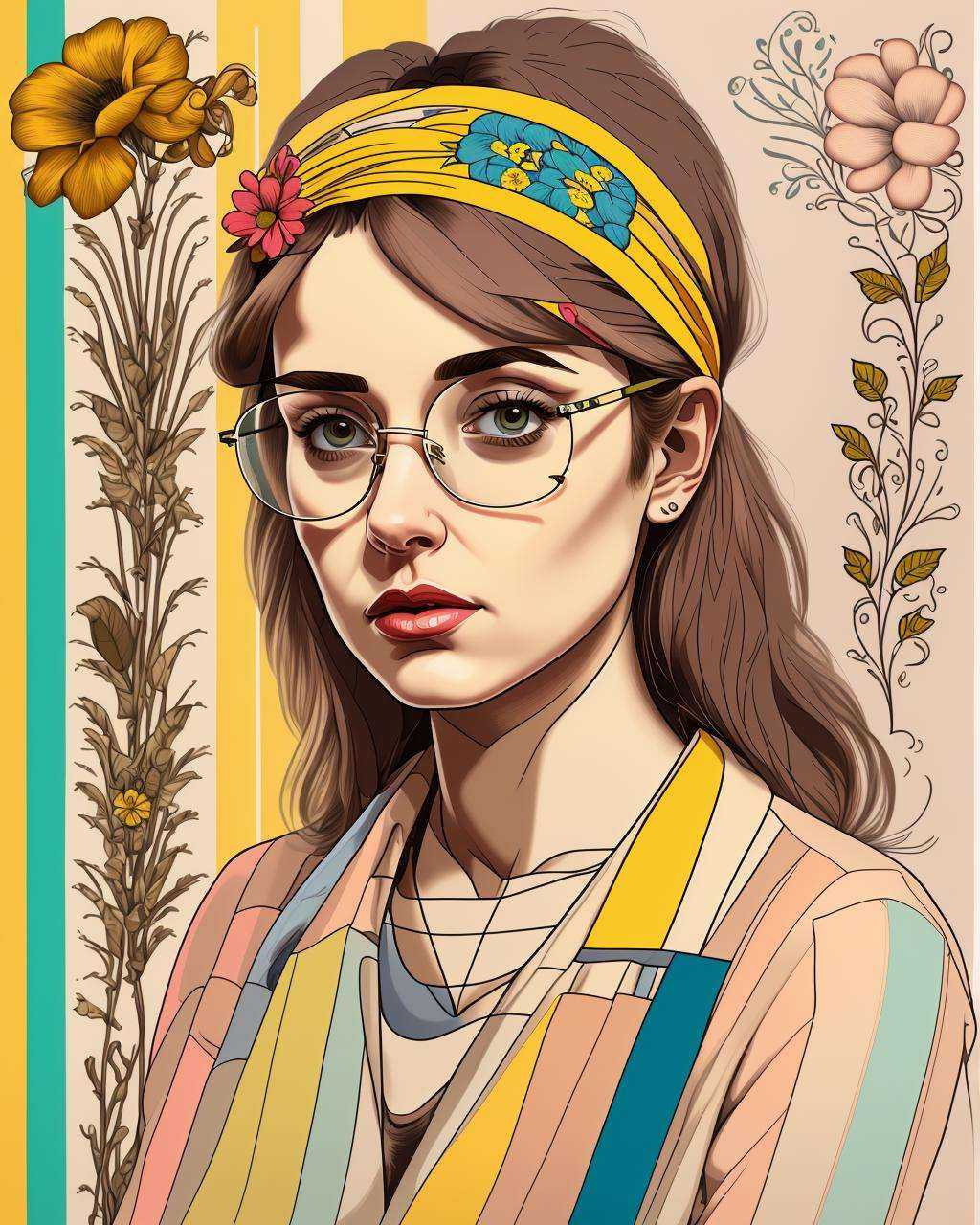 a painting of a woman with glasses and a striped shirt with a flower pattern on it and a yellow headband,  Annabel Kidston...
