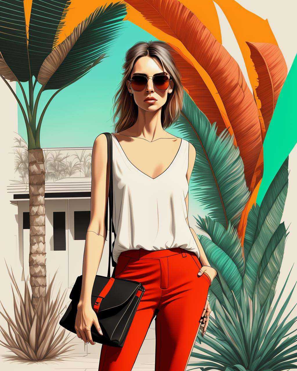 a woman in red pants and a white top with a black handbag and sunglasses on her head and a palm tree in the background,  D...