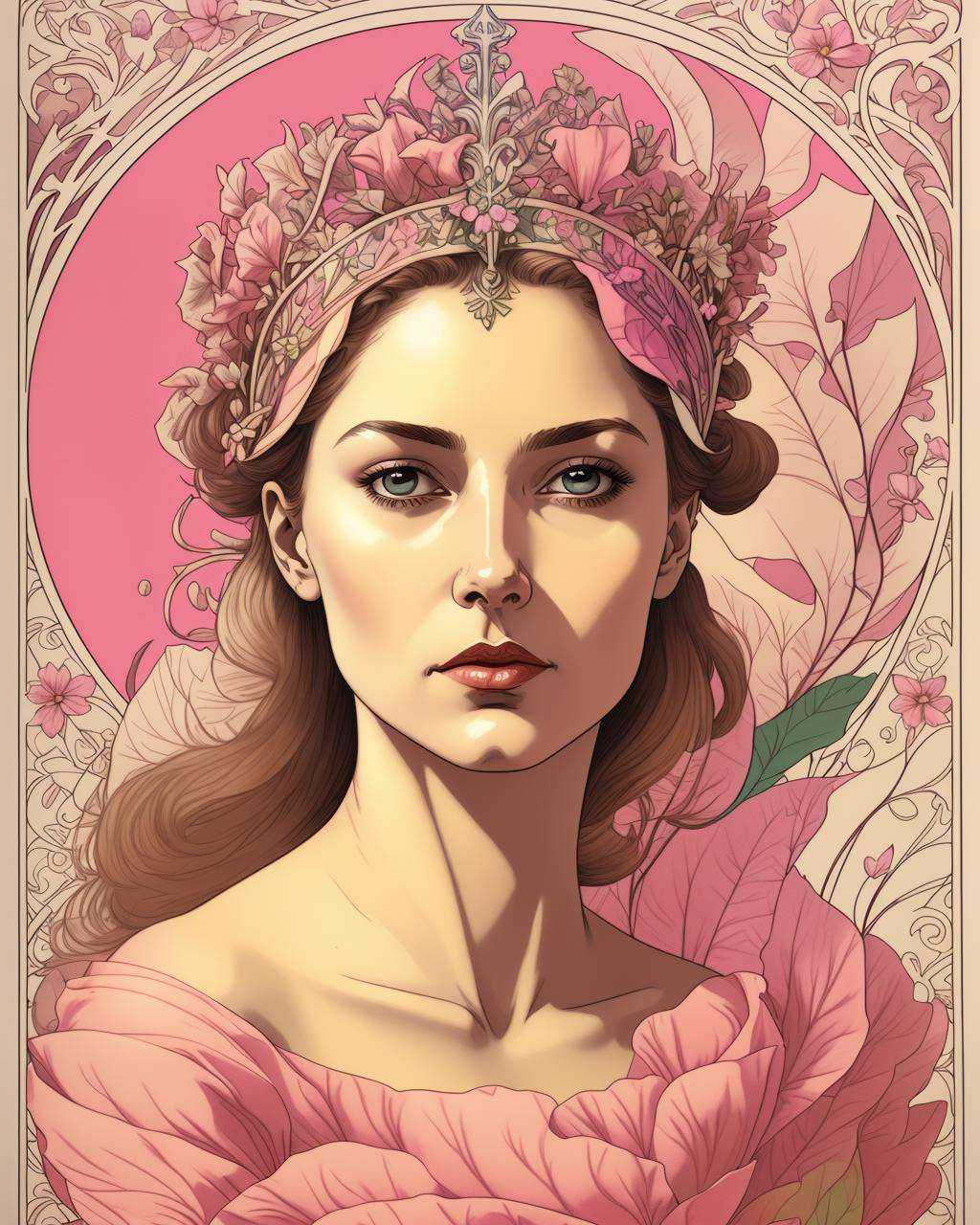 a woman with a tiara on her head and a pink background with a white flower and leaves on her head,  Barbara Nessim,  comic...