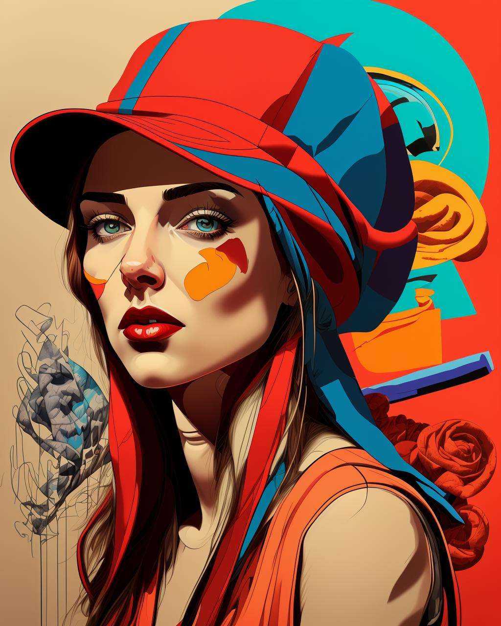a woman with a red hat and a blue background ,  Eleanor Best,  tristan eaton on Tensor.Art