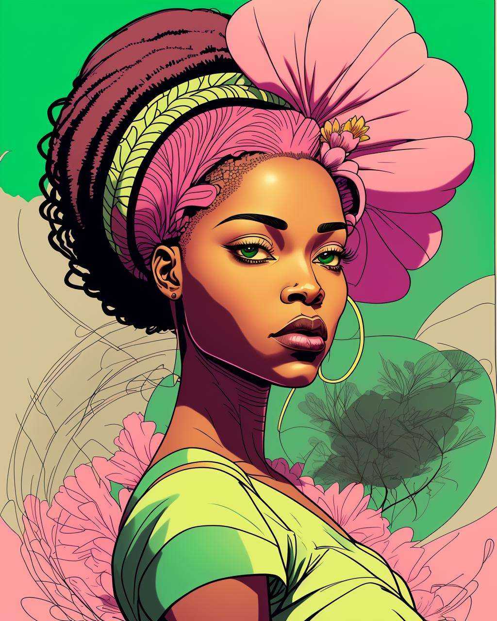 a woman with a flower in her hair and a green and white dress with a pink background and a pink frame,  Chinwe Chukwuogo-R...