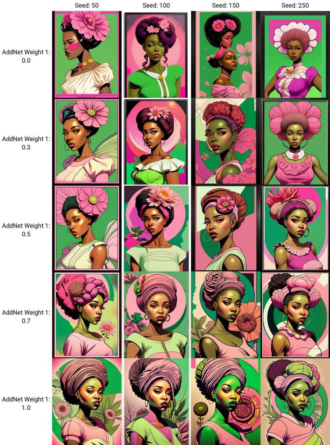 a woman with a flower in her hair and a green and white dress with a pink background and a pink frame,  Chinwe Chukwuogo-R...