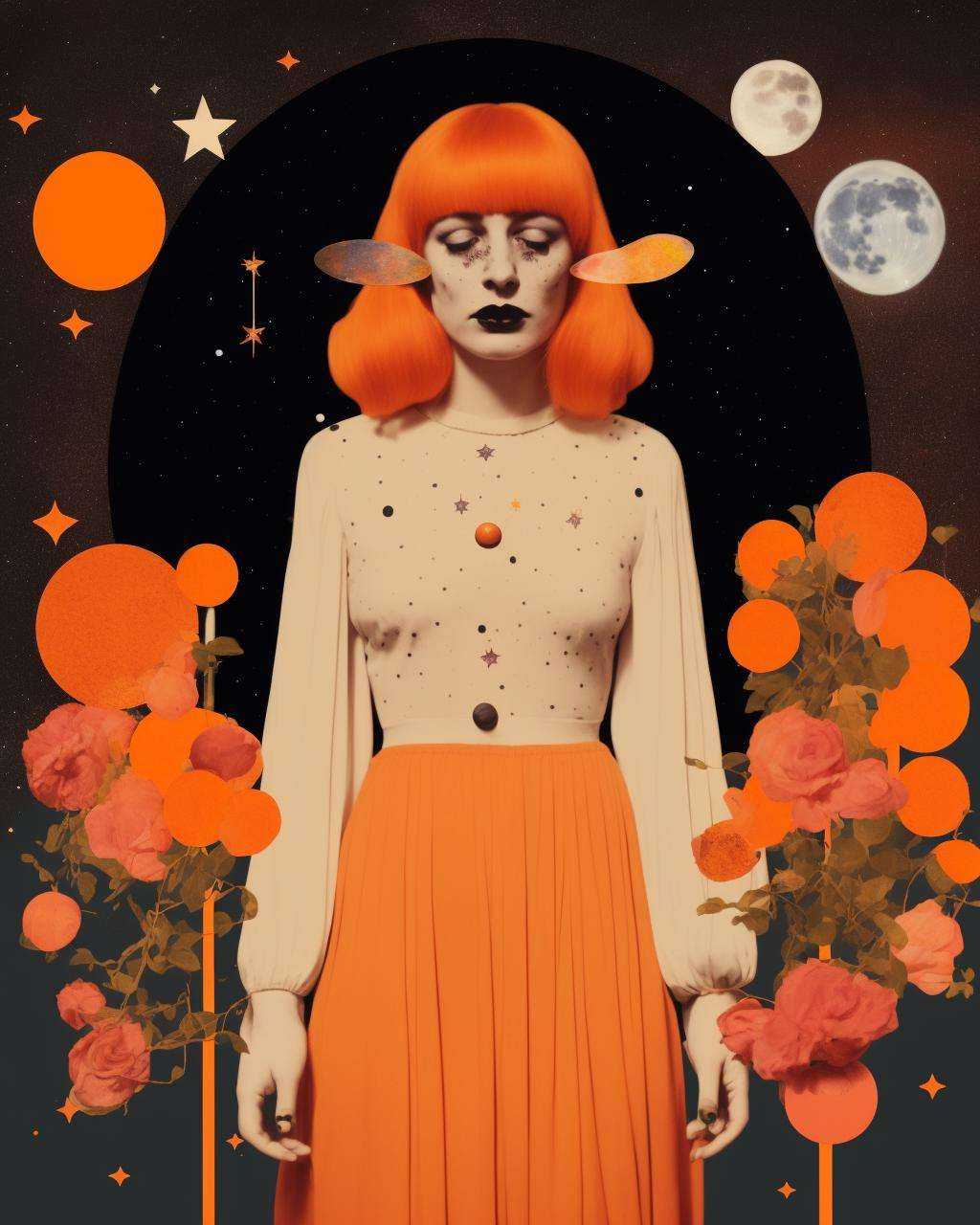 Irish mystic woman with horns and flowers in her orange hair is wearing a shiny outfit and she have a freckles,  Arabella...