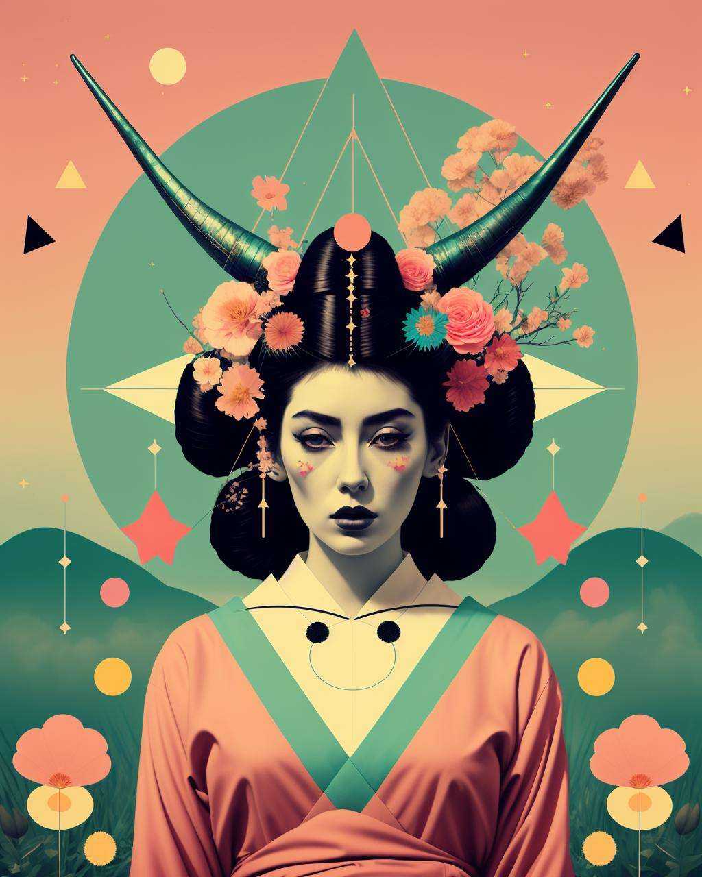 japanese Geisha with big horns and flowers in her turquoise hair in the middle of a field of candy,  Arabella Rankin,  oth...