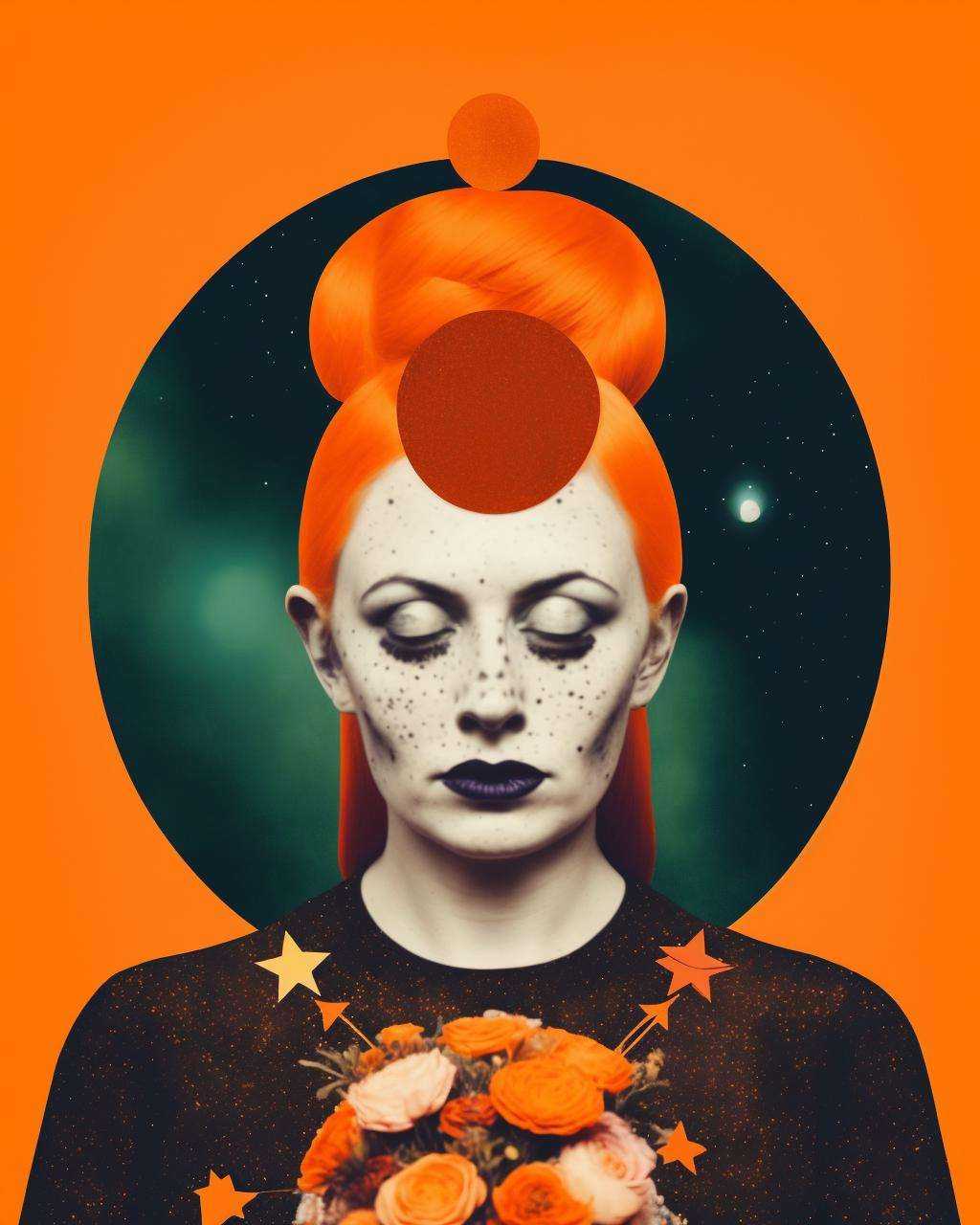 Irish mystic woman with freckles and horns and flowers in her orange hair is wearing a shiny outfit,  Arabella Rankin,  ot...