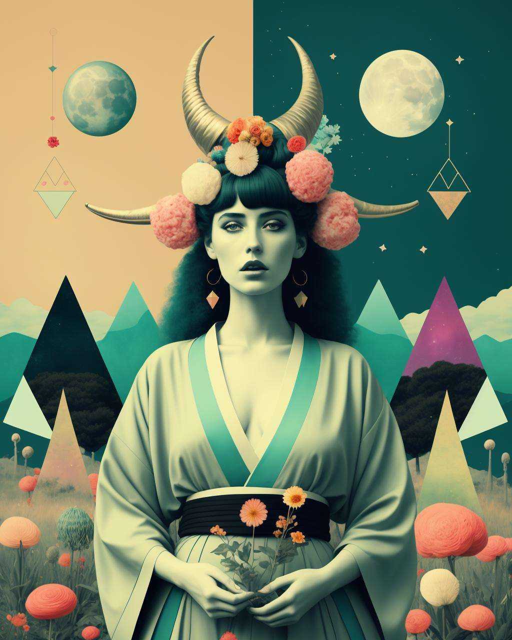 (african woman) with kimono and big horns and flowers in her turquoise hair in the middle of a field of candy,  Arabella R...