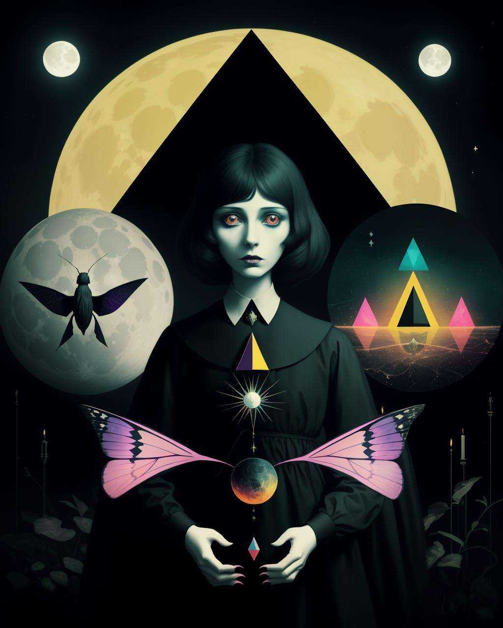 a colorful moth witch with moths around her,  Arabella Rankin,  otherworldly on Tensor.Art